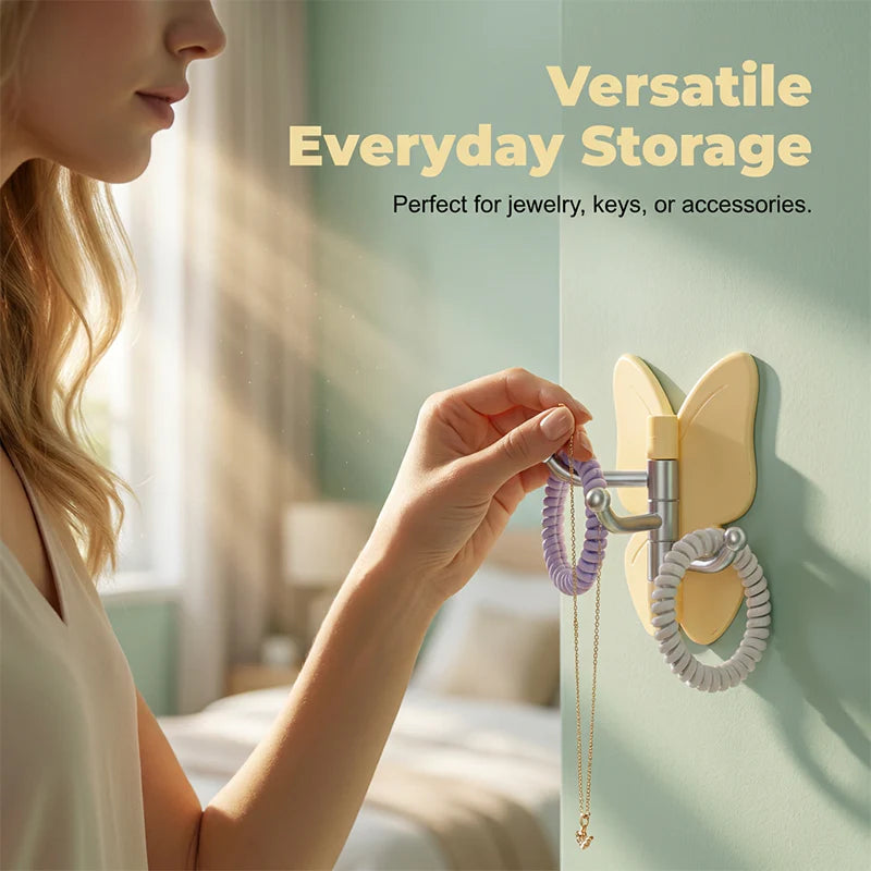 🦋Rotatable butterfly hook – no drilling needed, 3 arms for all your accessories, keeps everything organized