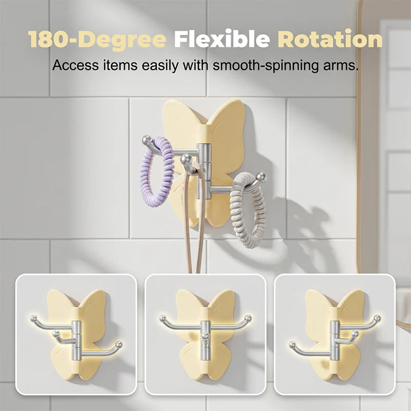🦋Rotatable butterfly hook – no drilling needed, 3 arms for all your accessories, keeps everything organized