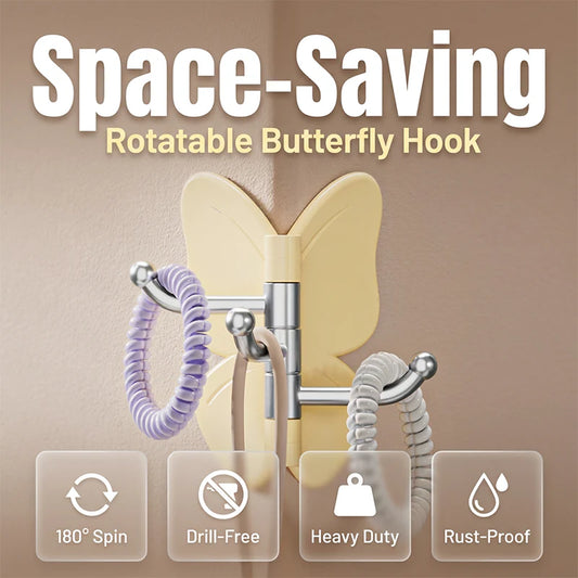 🦋Rotatable butterfly hook – no drilling needed, 3 arms for all your accessories, keeps everything organized